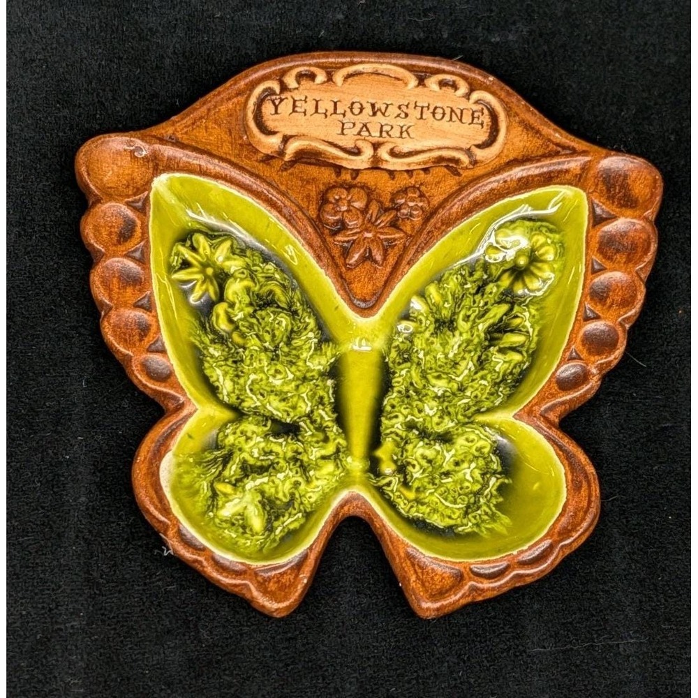 Vintage Yellowstone Park Green Glaze Butterfly Trinket Dish Treasure Craft USA